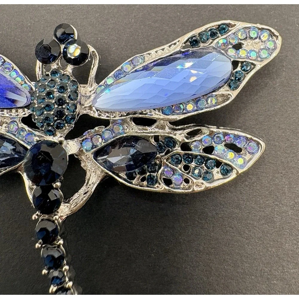 Vintage Dragonfly Bug Insect Blue Rhinestone‎ Brooch Silver Tone Sparkling